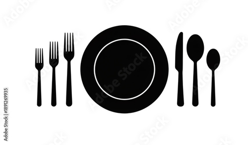 Top view dinner table vector with plate knives forks spoons silhouette flat illustration for restaurant and dining design