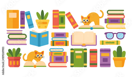Cute home library illustration with books plants and playful cat isolated on white background vector