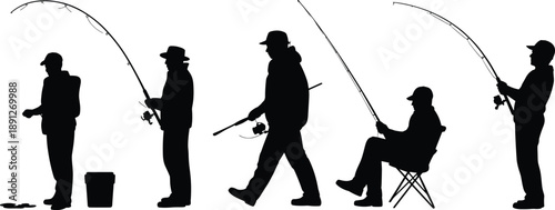 Fishing people silhouette icon set showing anglers standing, walking, and sitting with rods, outdoor leisure activity isolated on white background for sport, hobby, and design use