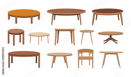 Contemporary table furniture elements set with wooden legs isolated on white background interior vector