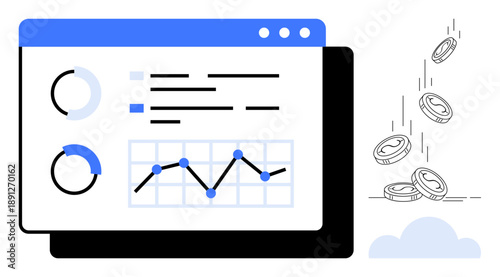Financial insights, economic planning, data visualization, market analysis, digital currency, business forecasting. Dashboard with charts and falling coins. Financial insights and economic planning