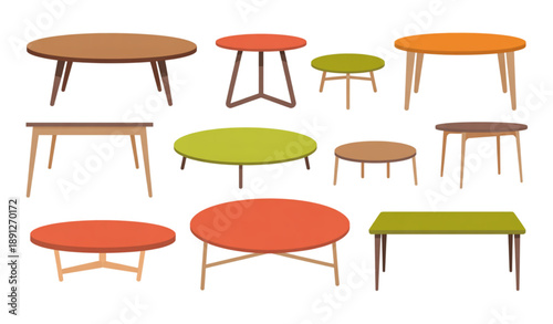 Modern home furniture table set with round and oval shapes isolated on white background vector illustration