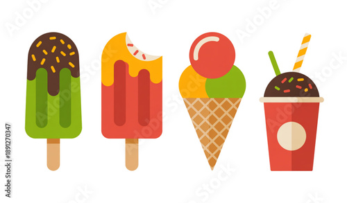 Colorful ice cream vector set with popsicles cones and cups with fruit juice isolated flat illustration