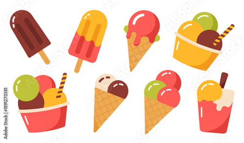 Flat vector illustration of assorted ice creams popsicles cones and fruit juice cups for kids and summer