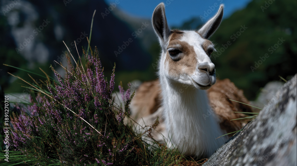 Naklejka premium A calm llama rests in a natural setting, surrounded by vibrant flora, embodying the serenity and beauty of wildlife in harmony with its environment.