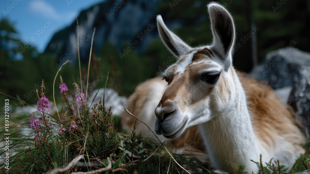 Obraz premium The peaceful demeanor of a llama lounging amid beautiful flora captures the essence of tranquility, illustrating the harmonious relationship between animals and their environment.