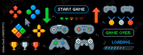 Vector set of pixel art arcade ui buttons, arrows, joystick, progress bar, trophies and awards in 8bit retro style. Video console, interface menu icons, game over text. Pixelated heart, medal, gamepad