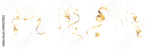 Fotografia Golden confetti ribbons and star shapes floating in the air, festive decorative elements isolated on transparent background