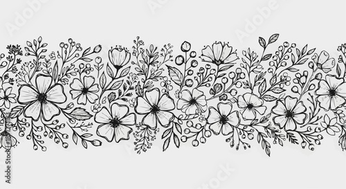 Black and white floral line art with various flowers and leaves on gray background