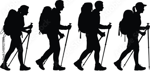 Hiking people silhouette icon set showing backpackers walking with trekking poles, outdoor adventure travelers isolated on white background for tourism, fitness, and lifestyle design use