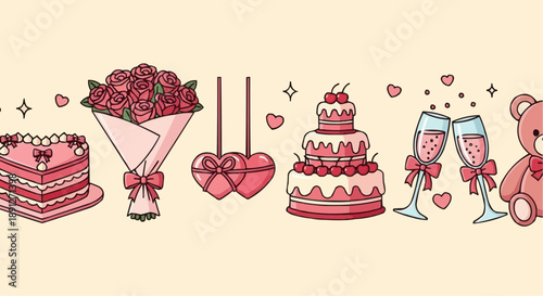 Valentine's day icons with cakes roses hearts champagne and teddy bear on beige background