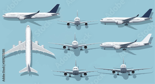 Multiple white airplanes with blue tails flying in formation against light blue sky