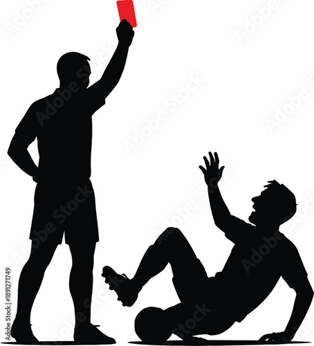 A referee is standing and holding a red card to player for penalty silhouette vector icon illustration on white background