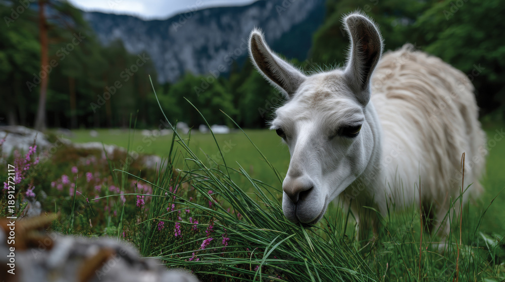 Fototapeta premium A close-up shot of a llama peacefully grazing in a lush green meadow, surrounded by stunning mountain scenery, showcasing tranquility and natural beauty.