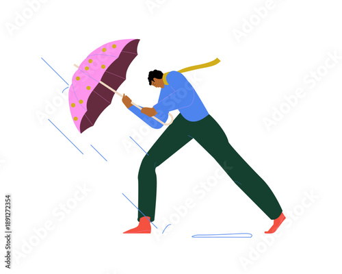 Man walking against strong wind holding an umbrella. Concept of energy drain, wasted effort, and trying to control uncontrollable forces. Symbol of burnout, resistance, and loss of inner power.