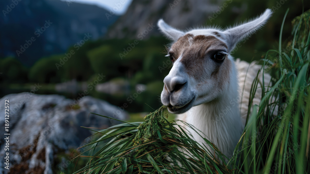 Fototapeta premium An inquisitive llama munching on vibrant green grass against a backdrop of towering mountains, capturing the essence of rural life and close connection with nature.
