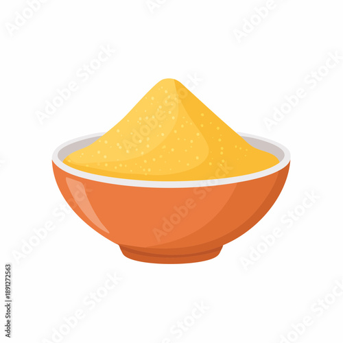 Bright Orange Bowl Overflowing with Yellow Cornmeal for Culinary Use, Food Preparation, and Kitchen Ingredient Stock