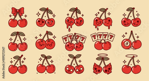 Colorful cartoon cherries with various expressions on beige background