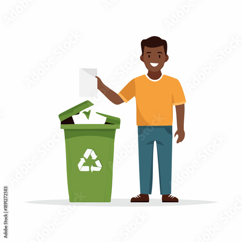 Man Tossing Paper into Recycling Bin Eco Friendly Waste Management Concept Environmental Protection