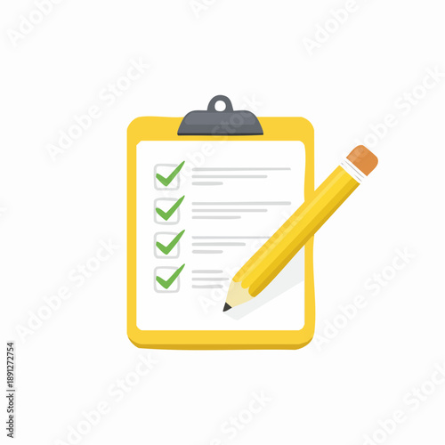 Yellow clipboard displaying checked boxes with yellow pencil indicating successful task completion and positive affirmation in cartoon style