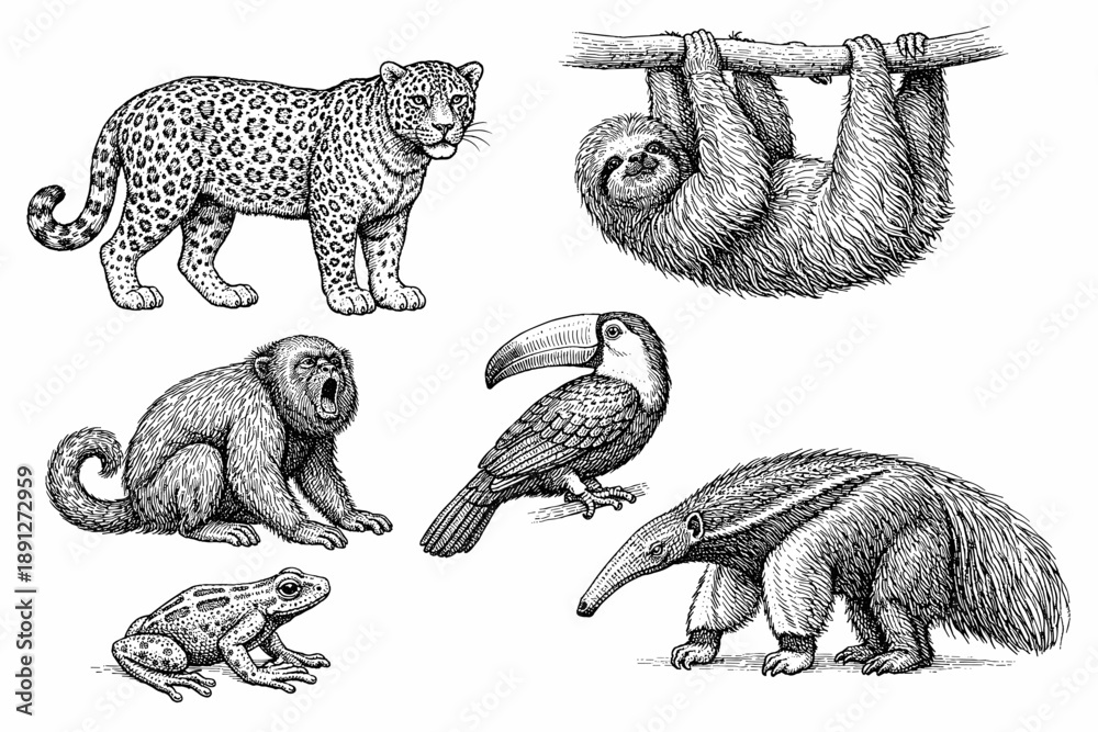 Naklejka premium Hand-drawn jungle animals: leopard, sloth, monkey, toucan, anteater, frog illustration