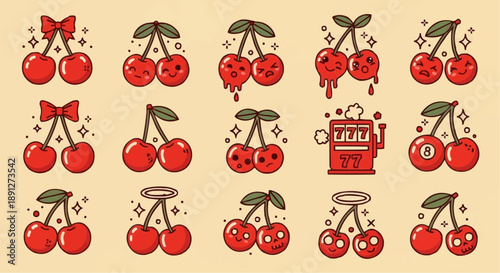 Colorful cherry icons with slot machine on beige background