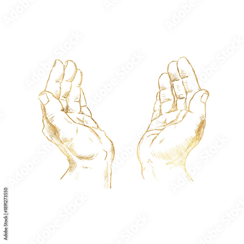 Open hands gesture pencil sketch showing two human palms slightly cupped and facing upward. Hand drawn golden illustration symbolizing prayer, offering, acceptance, spirituality and faith
