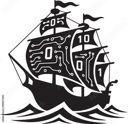 Silhouette of sailing ship with electronic circuit board sails and binary code design