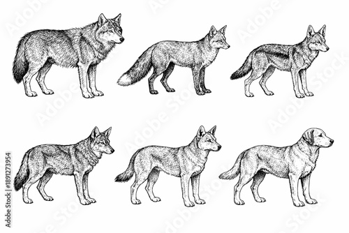 Comparison of wolves, coyotes, and dogs in detailed black and white illustrations