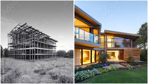 Construction site showcasing a black and white wooden house frame on the left and a new finished house with a landscaped yard on the right, illustrating the transformation of residential architecture.