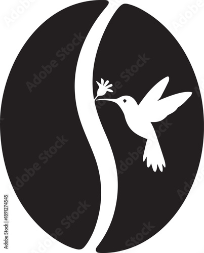 Hummingbird silhouette vector icon with flower on coffee bean shape