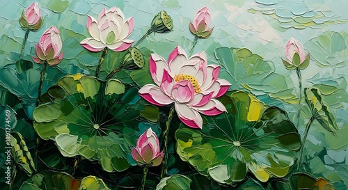 Impressionist oil painting of pink lotus flowers blooming in lush green pond