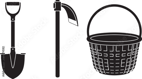 Collection of black silhouette icons for gardening: a shovel, a hoe, and a woven basket.