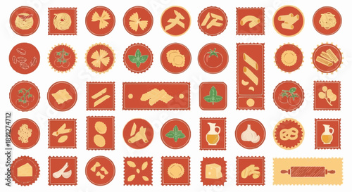Collection of various food icons and symbols in red and beige colors on white background