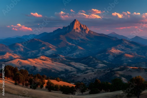 Majestic Mountain Landscape at Sunset with Rolling Hills and Vibrant Sky for Nature Photography