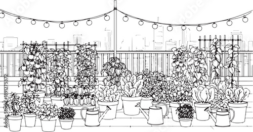 Detailed line drawing of an urban rooftop garden with abundant potted plants, watering cans, and festive string lights against a backdrop of city skyscrapers.