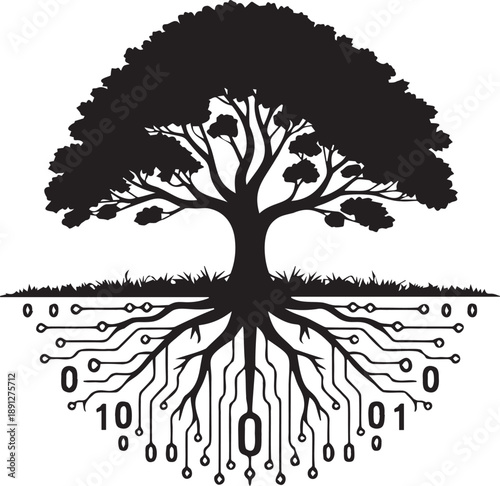 Tree with digital circuit roots binary code data connection concept vector