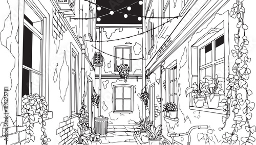 Detailed line drawing of a charming alleyway decorated with hanging string lights and ivy-covered walls, with potted plants and a bicycle.