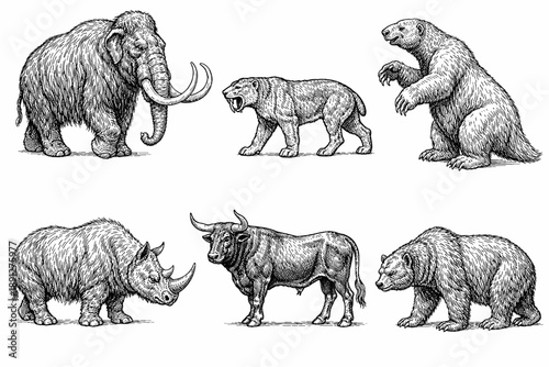 Extinct ice age animals illustration: mammoth, saber-toothed cat, giant bear, woolly rhino, ancient bison