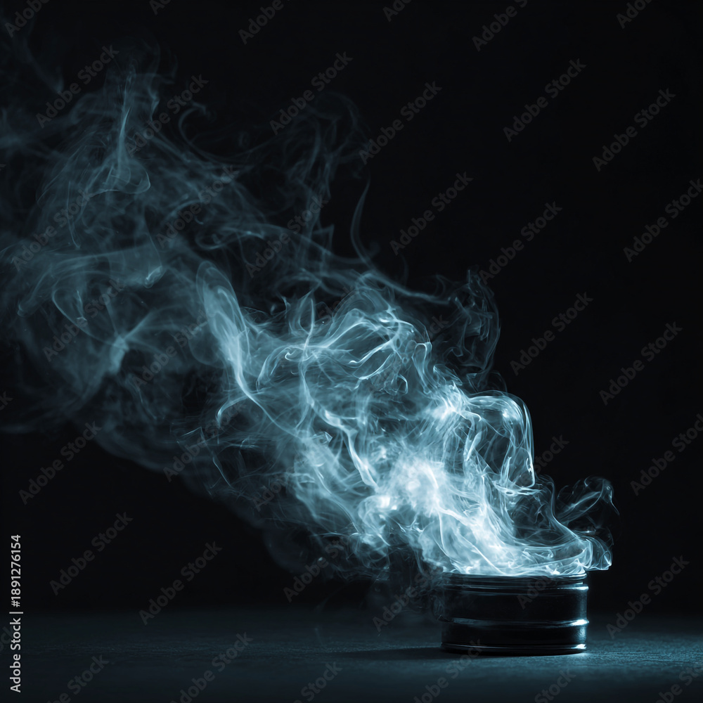 Fototapeta premium A wisp of white smoke rises from a small metal object in a dark room