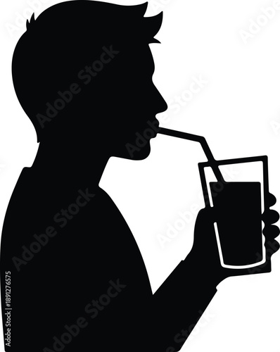 Silhouette of a man drinking a beverage from a glass using a straw illustration vector