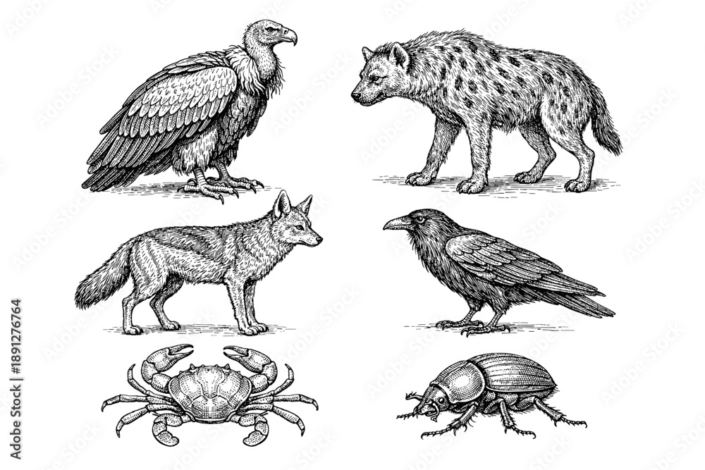 Naklejka premium Detailed illustration of scavenger animals: vulture, hyena, jackal, raven, crab, beetle
