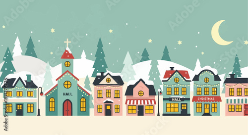 Whimsical winter village scene with snow covered houses and trees under a crescent moon