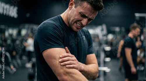A muscular man at the gym winces in pain, clutching his bicep or upper arm due to an injury or muscle strain during a workout