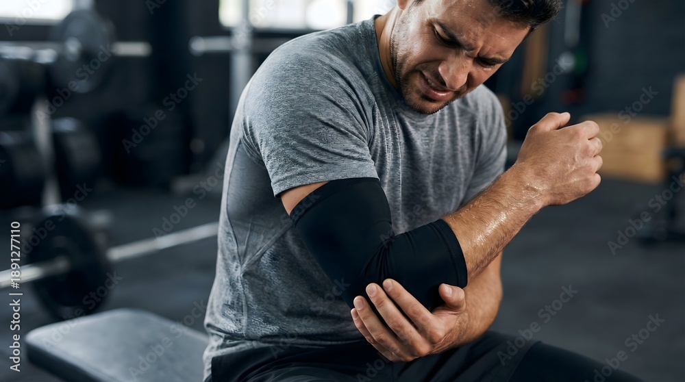 Naklejka premium A man wearing an elbow brace sits on a gym bench, grimacing and holding his elbow, clearly experiencing pain or discomfort from an injury