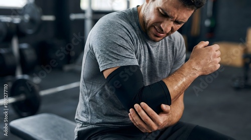A man wearing an elbow brace sits on a gym bench, grimacing and holding his elbow, clearly experiencing pain or discomfort from an injury