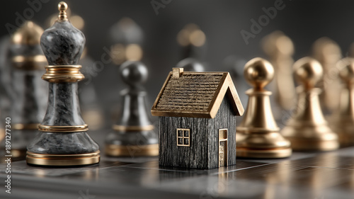 A miniature luxury house model positioned on a chessboard among elegant gold and marble chess pieces. Concept for real estate strategy, market competition, and property investment.