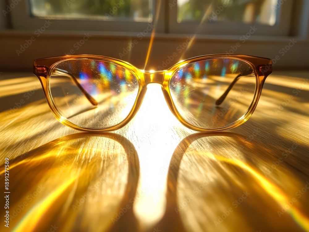 Fototapeta premium Close-up of the eyeglasses sitting on the table with bright sunlight and rainbow effect. It gives a beautiful contrast of light and shadow