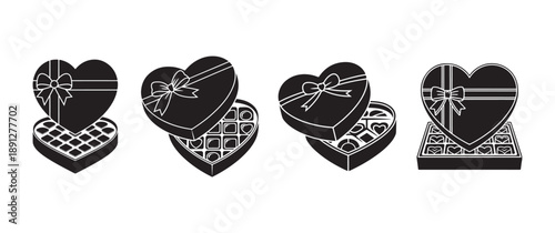 Black heart-shaped valentine day chocolate boxes with bows, some open showing individual chocolates, graphic design elements