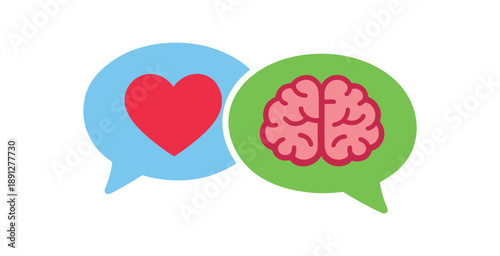 full color flat icon two chat bubbles with heart and brain mental health talk